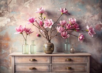 A beautiful branch of pink magnolia in a glass vase and vials on an old wooden chest of drawers. A...