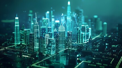 Fototapeta na wymiar Futuristic City Skyline Illuminated as a 3D Holographic Projection