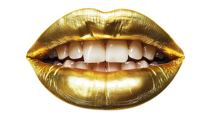Lips with gold teeth on white background