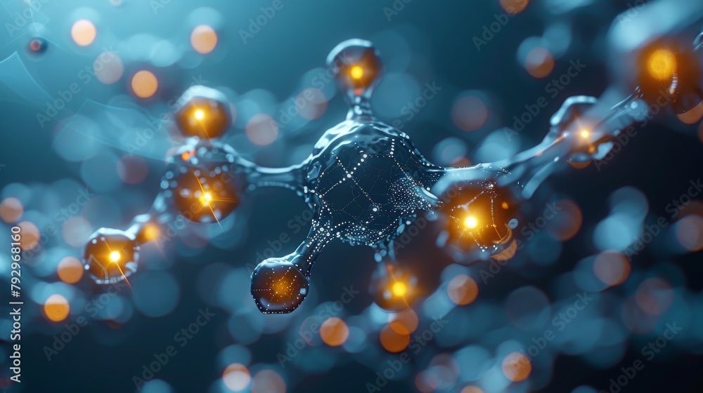 Poster in biotechnology, the structure of molecules combined with electronic patterns is shown in a graphic
