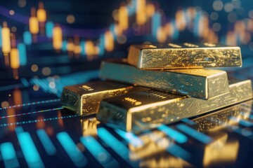 High-quality render of stacked gold bars over a dynamic digital financial chart symbolizing wealth and market dynamics