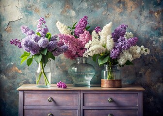 Beautiful white and purple lilac flowers in glass vases and bottles on a wooden chest of drawers. A bouquet of flowers in a vase . Light, white, pink and blue floral background.