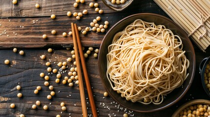 Soy noodles with soy beans and chopsticks on wooden table, top view