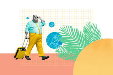 Composite photo collage of happy fat bearded guy hold sunglass carry suitcase water drops summer...