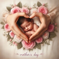 Obraz na płótnie Canvas Heart Hands Cradling Newborn for Mother's Day