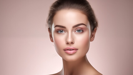 A close-up beauty portrait showcasing a young woman's perfect complexion and subtle makeup on a soft pink background.
 - obrazy, fototapety, plakaty