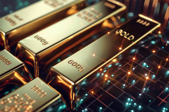 A collection of pristine gold bars arranged on a glowing digital finance chart symbolizing wealth and digital trading