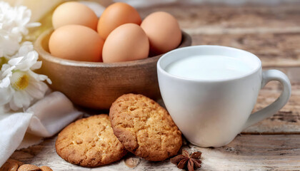 a cup of milk with cookies and eggs on old wooden table.