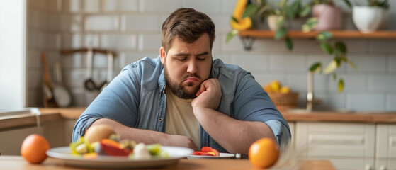 man sitting at table with almost nothing on plate looking at tiny little portion of fruit for lunch