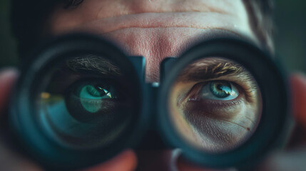 Man’s eyes seen through the lenses of binoculars, focusing intently. - obrazy, fototapety, plakaty