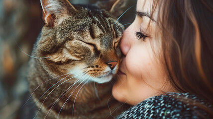 kiss girl with cat. Selective focus.