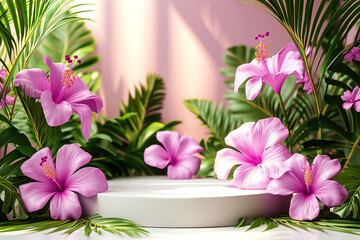 Summer podium with floral border background in pink colors. Empty pedestal for product display with purple flowers