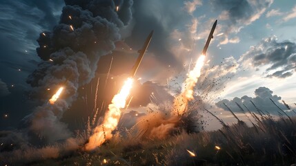 Intense Air-to-Ground Missile Strike During Fierce Battlefield Scenario with Smoke Trails and Fiery - obrazy, fototapety, plakaty