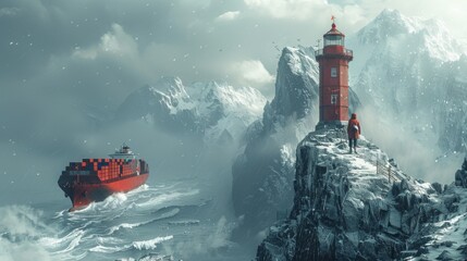 Showcase a container ship passing beneath a majestic lighthouse perched atop rugged cliffs, guiding vessels safely through treacherous coastal waters.