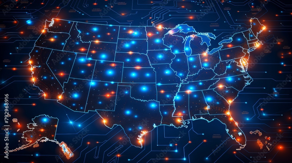 Poster Circuit pattern combined with a map of the United States illustrating technology industries in the country