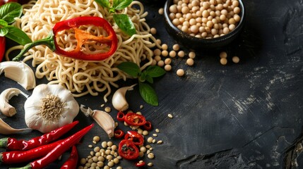 Ingredients for spicy chinese soy noodle on dark background, top view