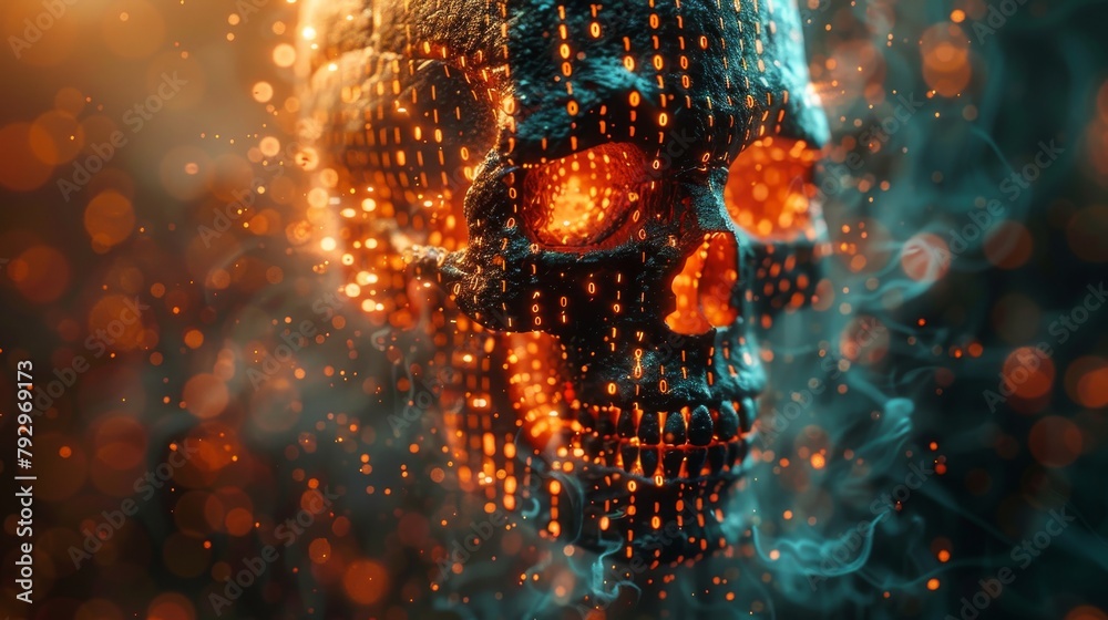 Poster The concept of cybercrime, illustrated with a skull shape surrounded by binary code