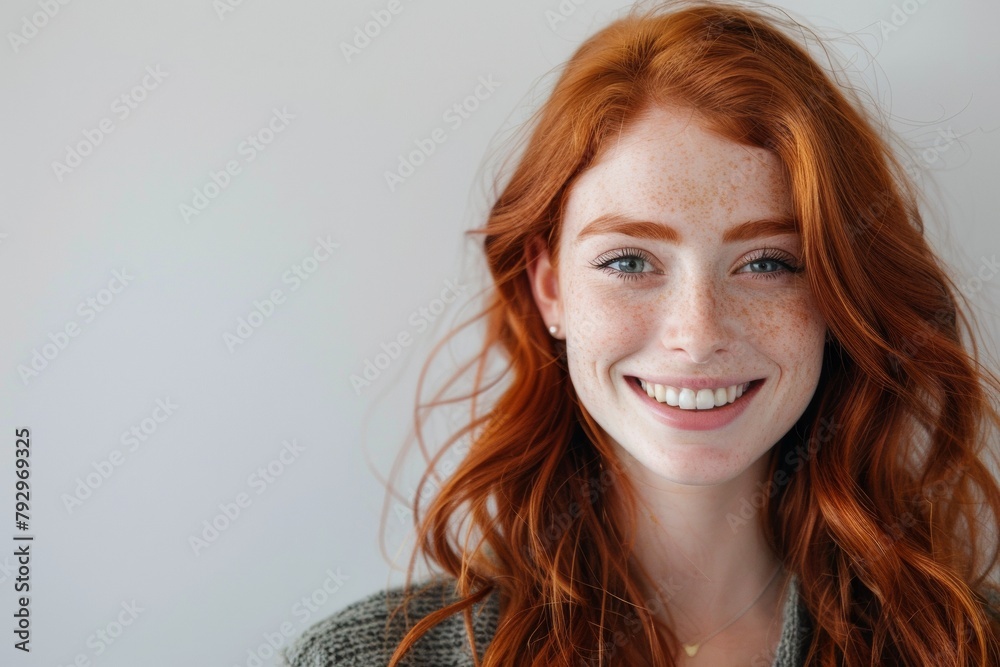 Wall mural portrait of young redhead woman with freckles, smiling. girl with long red wavy hair looking happy a