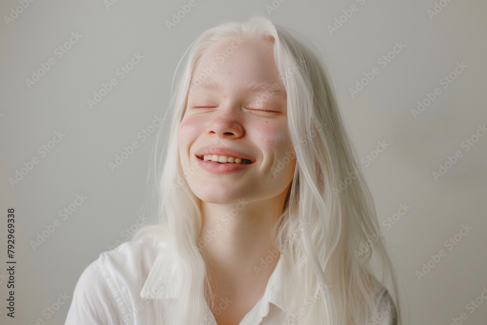 Poster portrait of young albino woman with white skin, smiling. pale girl with long hair looking happy and 