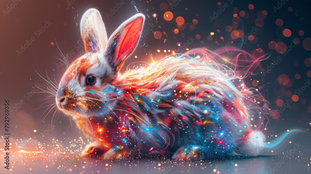 Poster Zodiac sign of rabbit in Chinese. A colourful cyber rabbit with traditional Chinese elements.