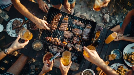 A festive barbecue gathering with friends enjoying grilled steaks and cold drinks