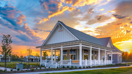 Ultra HD image of a modern community clubhouse with a white porch and gable roof during a breathtaking sunset.