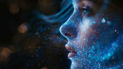 Woman's face with glowing blue particles