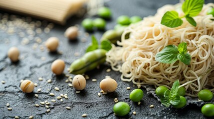 Soy noodles with green peas and basil on black background. Traditional asian food