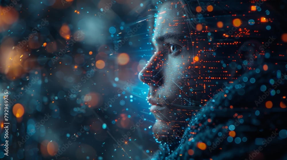 Aufkleber An image of a futuristic man with technology elements presented in cyberpunk style shows an idea of digital transformation or deep learning