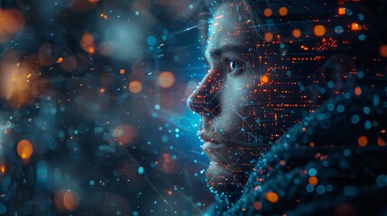 An image of a futuristic man with technology elements presented in cyberpunk style shows an idea of digital transformation or deep learning
