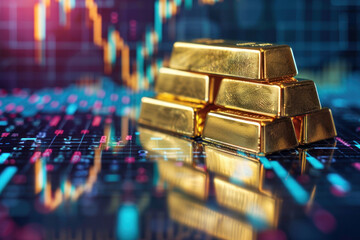 A close-up of glimmering gold bars against the backdrop of a dynamic stock market chart
