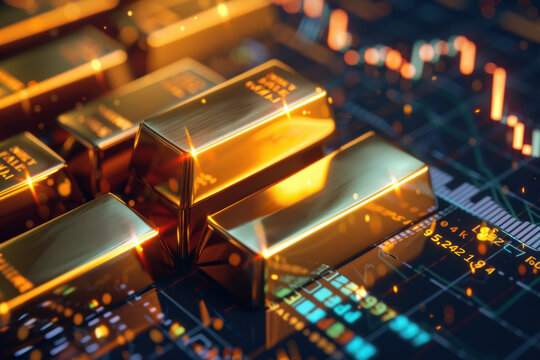 Gold bars on a circuit motherboard with illuminated details and reflections