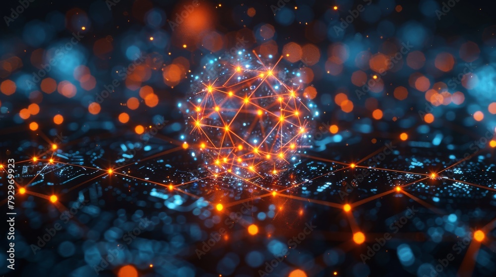 Poster This is a futuristic concept of science technology showing atom structures combined with electronic patterns.