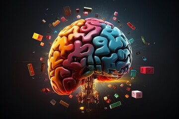 concept of a puzzle human brain full with creativity, shows multiple colors and action unreal engine, cinematic color grade, entricate detail, 8k