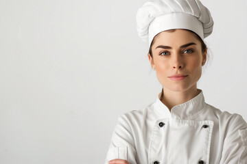sophisticated photograph showcasing the professionalism and skill of a female chef or cook, dressed in a crisp uniform and hat, against a white background, evoking a sense of pride