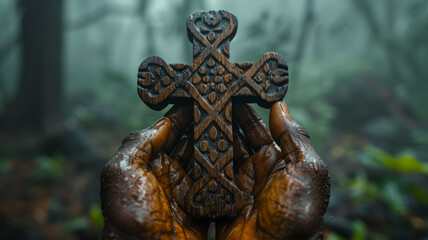 Wooden cross held in hands.