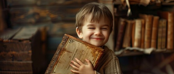An excited little boy holds an old book in his arms