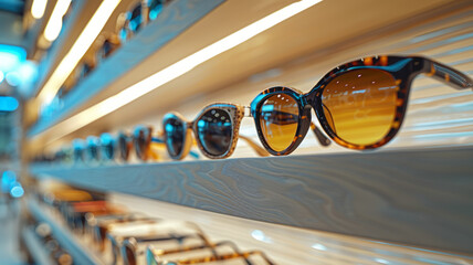 Row of sunglasses on display in store.