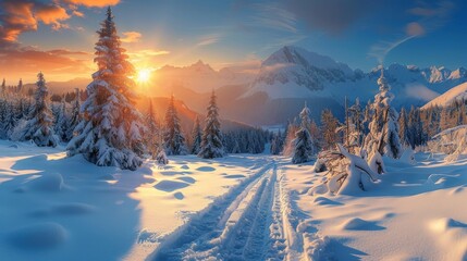 Golden sunrise piercing through a pristine snowy landscape with snow-covered trees and mountain peaks in the background.