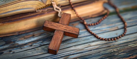 A close-up of a wooden Christian cross necklace next to the holy Bible - obrazy, fototapety, plakaty