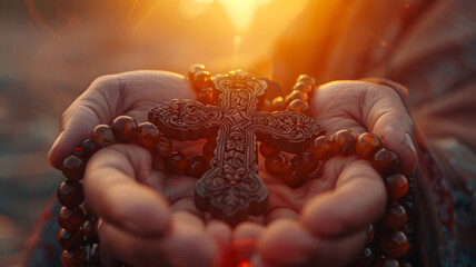 Close-up of hands holding rosary at sunset.