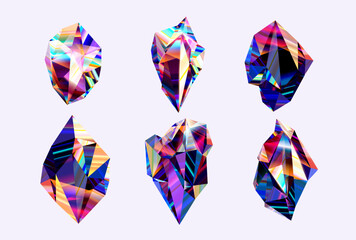 Set of colorful glass crystals on white background. Abstract gradient polygonal shapes.