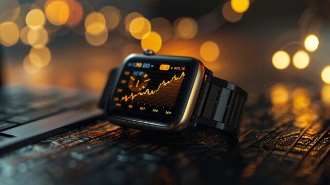 A golden chart displayed on a smartwatch, providing real-time investment updates
