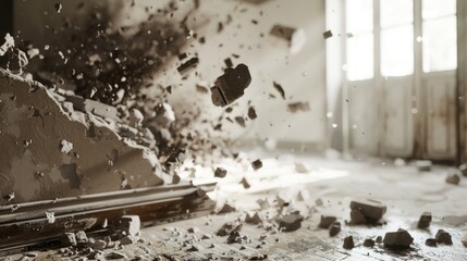 Dynamic Interior Demolition Scene with Flying Debris and Dust