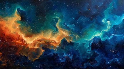 An abstract cosmic painting showcasing a vibrant clash of blue and orange colors with star-like...