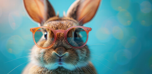 A cute brown rabbit wearing glasses and a yellow sweater against a solid color background. Created with Ai