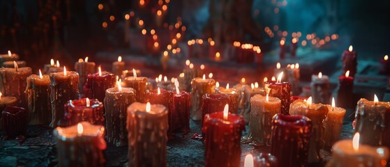 In the dark, candle flames create a spiritual atmosphere