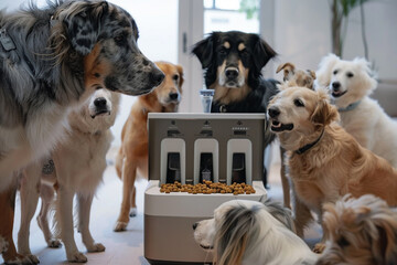 A group of mixed breed dogs surrounding a modern, automatic dog feeder that dispenses organic kibble, in a high-tech, smart home environment. - obrazy, fototapety, plakaty