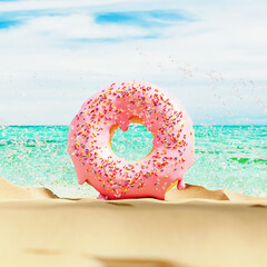 Pink melting donut on beautiful sand beach in front of turquoise blue sea. Summer concept background. 3D Rendering, 3D Illustration