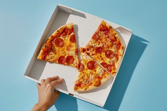 A hand hold on an open white box with pizza in it